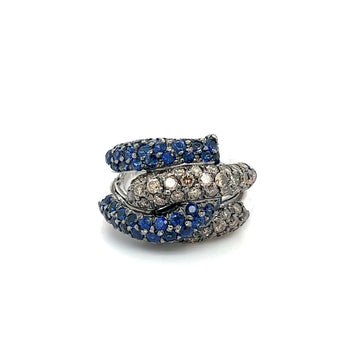 Ring cluster a 4 file con pavé in oro bianco 18K, zaffiro blu naturale rotondo e diamante marrone – Assay Jewelers