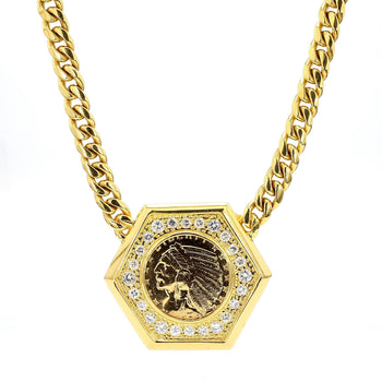 1909 US Indian Head $5 Gold Coin Pendant Necklace, 14K Gold with Diamonds – Assay Jewelers