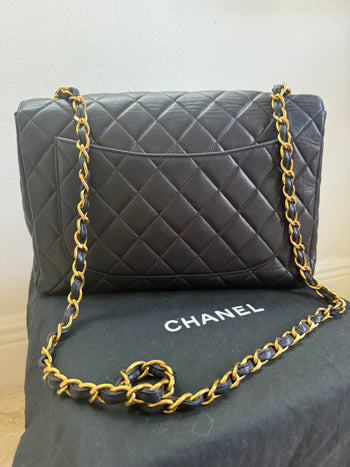 1990s Super Rare Chanel Vintage Jumbo Single Flap Lambskin Navy Blue Crossover – Assay Jewelers