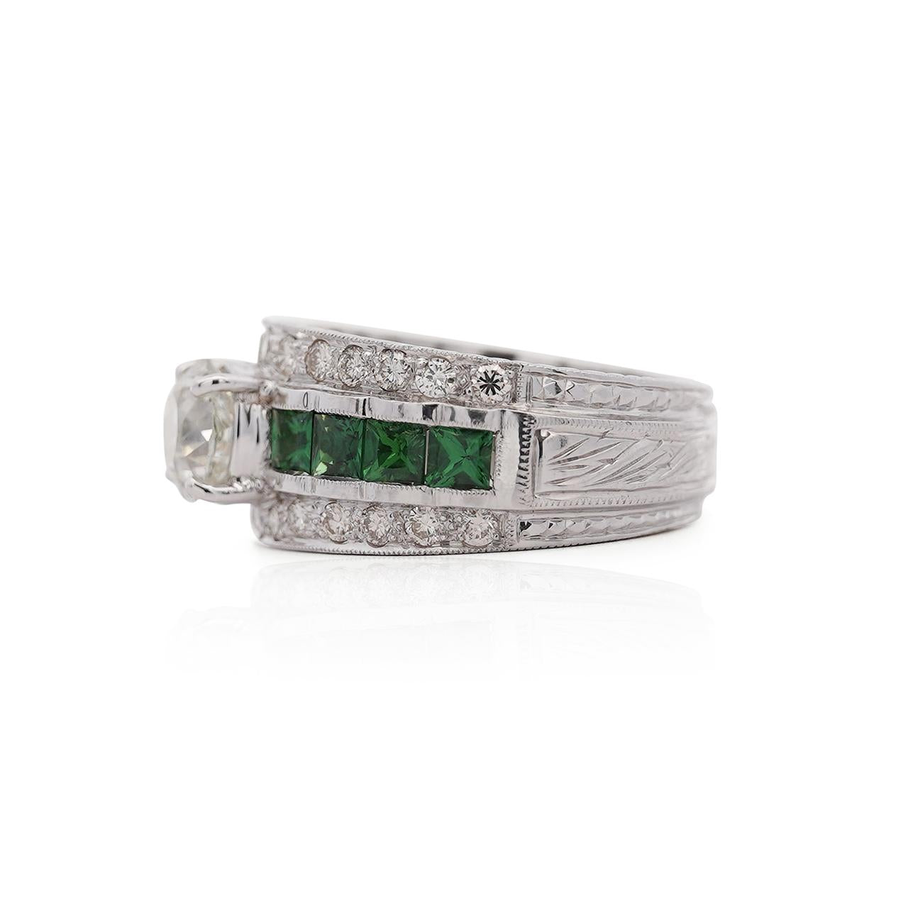 1.48 Carat Old Cut Diamond and Tsavorite Vintage Art Deco Filigree Ring