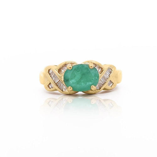 1.59 Carat Oval Cut Emerald & Diamond 14K Gold East West Ring