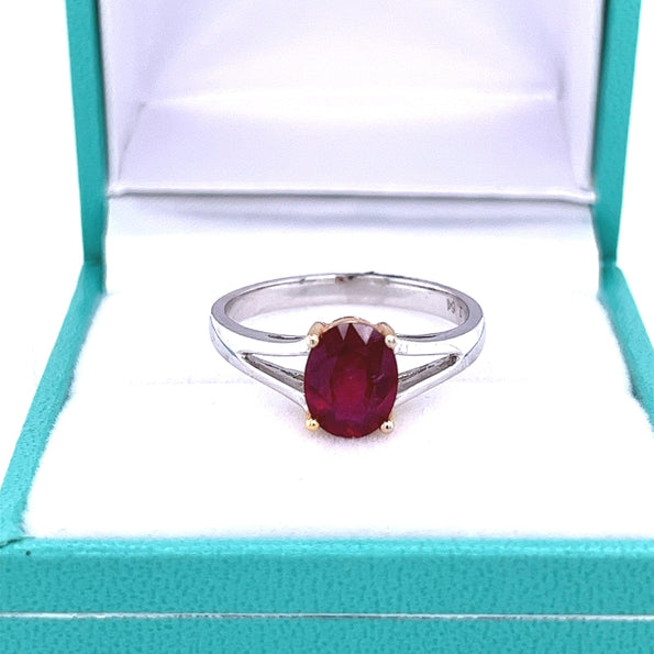 1.64 Carat Oval Ruby Solitaire Split Shank Ring in 14K White Gold