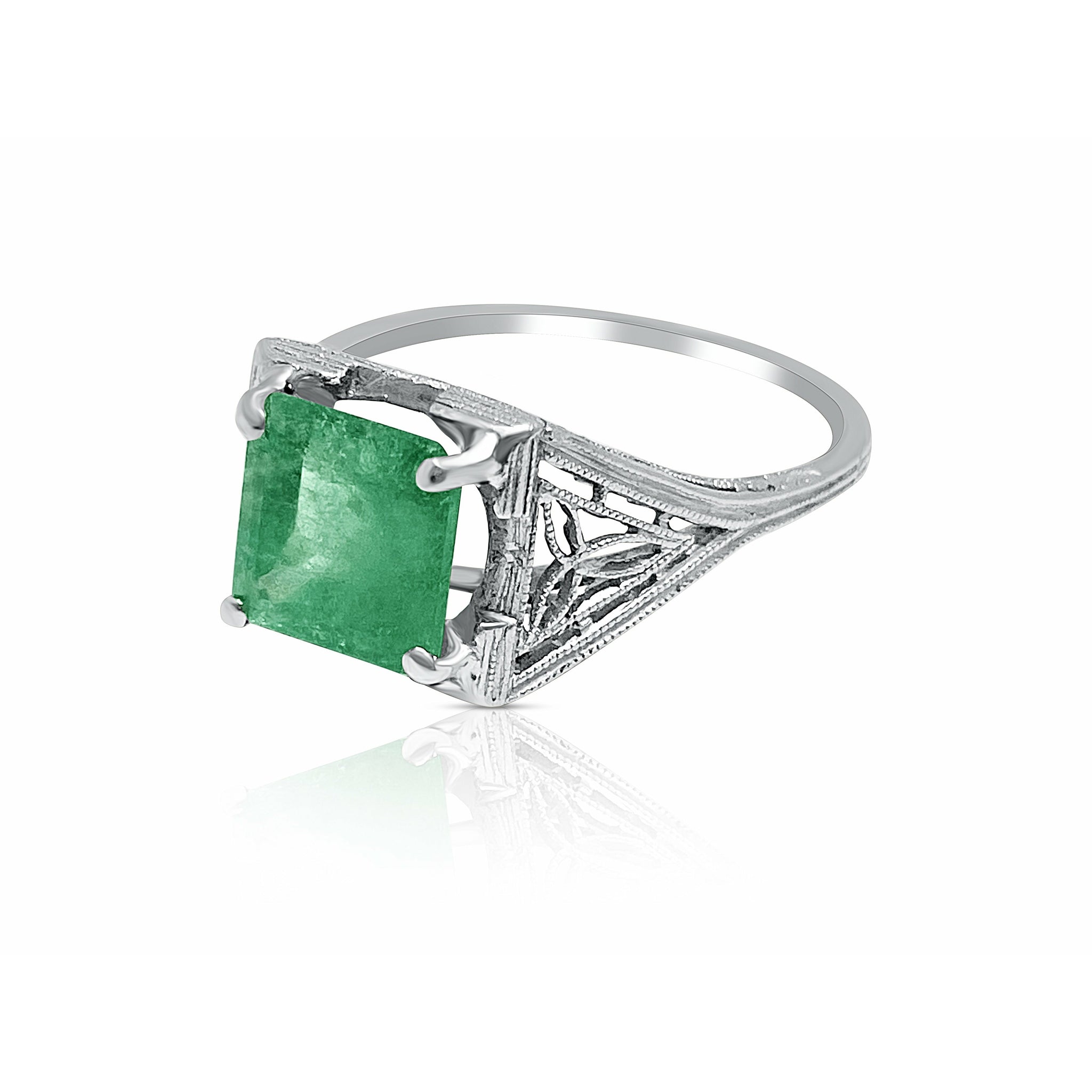 1.93 Carat Colombian Emerald set in Art Deco Platinum filigree ring