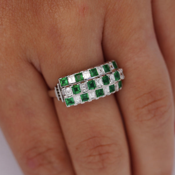 2 Carat Asscher Cut Emerald & Diamond Checkerboard Statement Ring