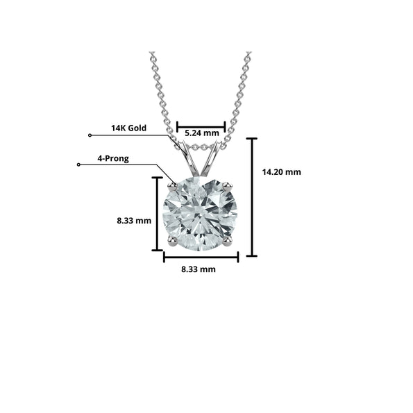 Pendentif solitaire rond en diamant de laboratoire 2 carats, en or blanc 14K