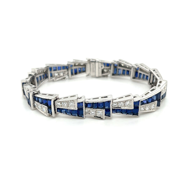 Bracelet Art déco en platine, saphir bleu et diamant, 21 carats