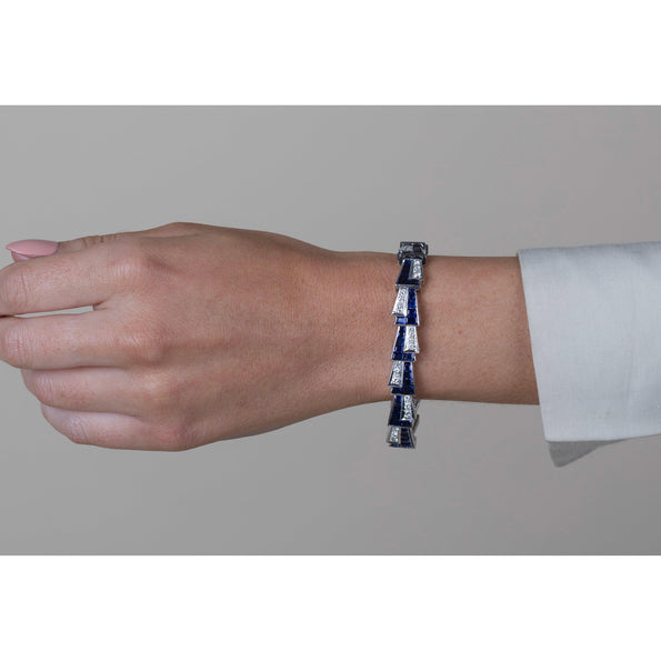 Bracelet Art déco en platine avec saphir bleu et diamant de 21 carats