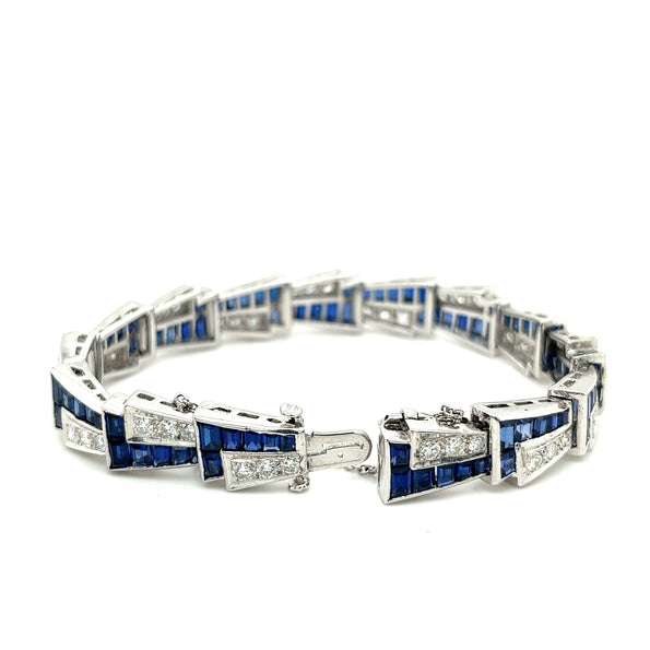 Bracelet Art déco 21 Carat en platine avec saphirs bleus et diamants