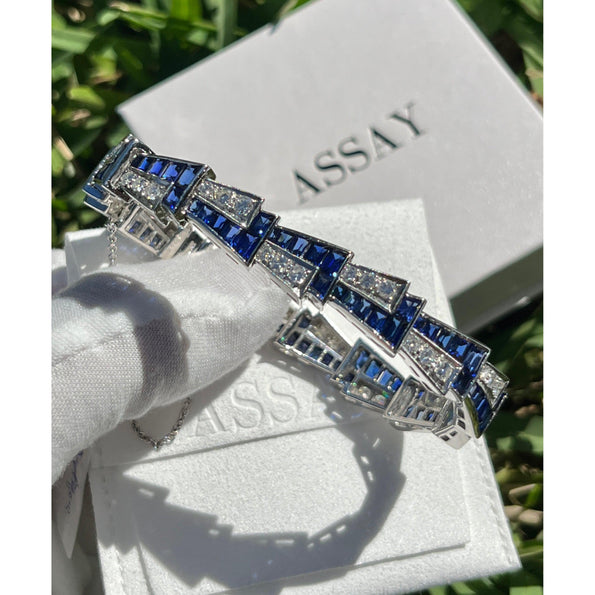 Bracelet Art déco en platine avec saphir bleu et diamant, 21 carats