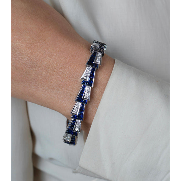 Bracelet Art déco en platine avec saphir bleu et diamants 21 carats