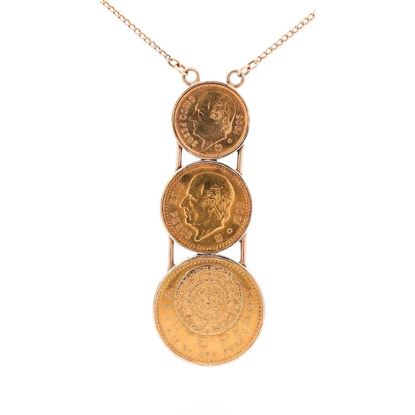 22k Gold USA Peso Coin Bezel Graduating Pendant Necklace - 20, 10, 5 Peso