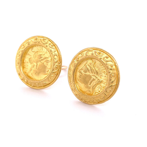 Boucles d'oreilles rondes Anciens à motif pièce romaine en or 22 carats, signées Denise Roberge