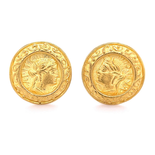 Boucles d’oreilles rondes motif pièce romaine Anciens en or 22k signées Denise Roberge