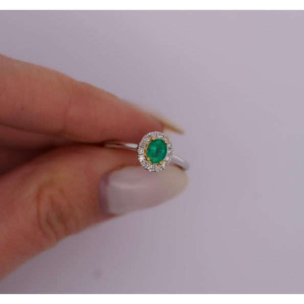 2/3 Carat Natural Emerald & Diamond Oval Halo Thin Band Ring in 18K White Gold