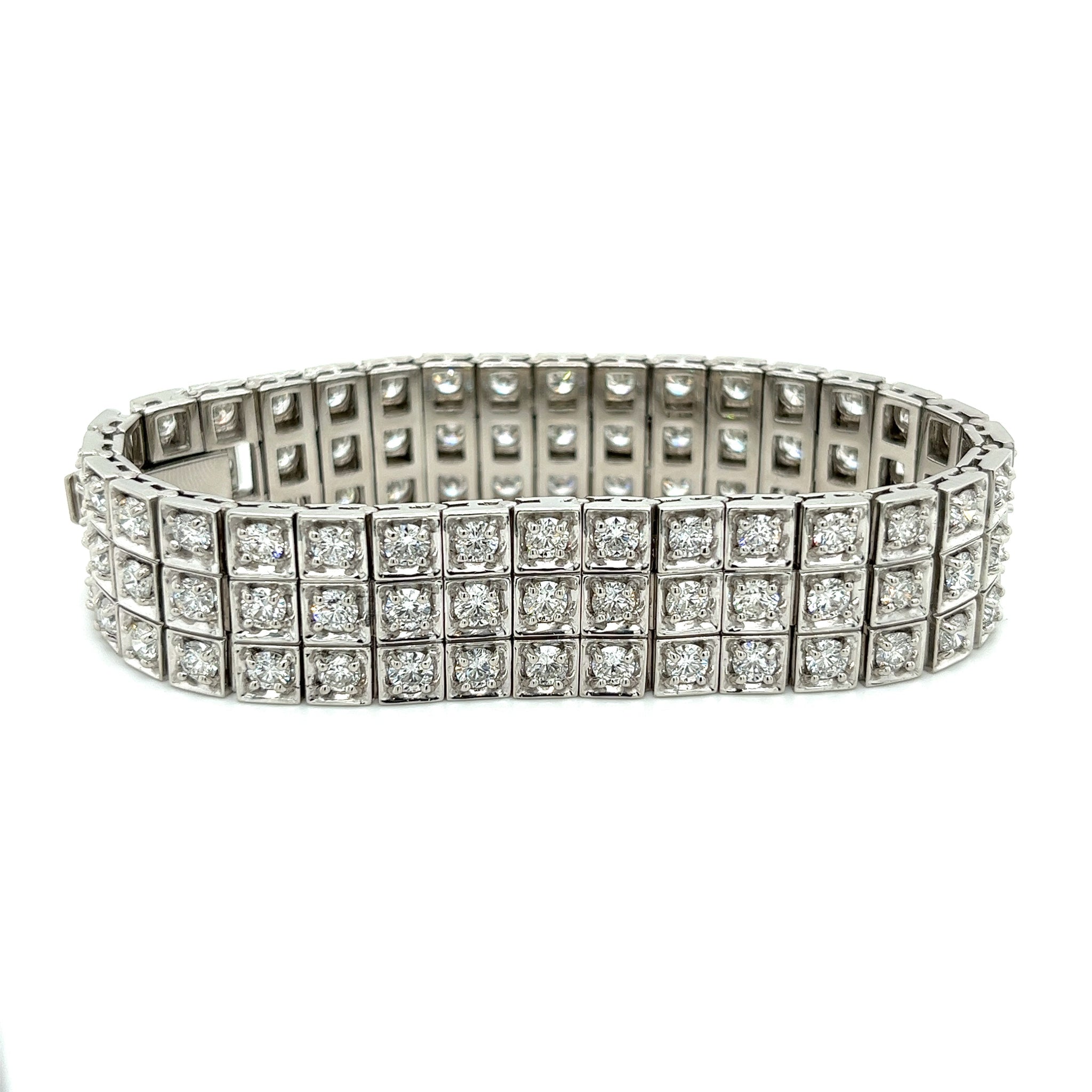 23.5 Carat Natural Round Cut Diamond 3 Row Box Set Tennis Bracelet
