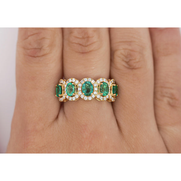 2.11 Carat Oval Cut Emerald and Diamond Wedding Band in 18K Gold