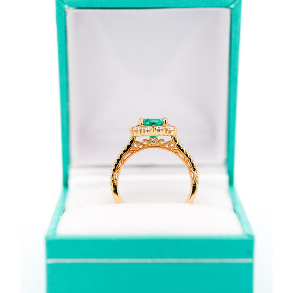 2.48 Carat TW Colombian Emerald & Diamond Halo Ring in 18K Gold 2-Row Setting