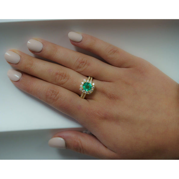 2.48 Carat TW Colombian Emerald & Diamond Halo Ring in 18K Gold 2-Row Setting