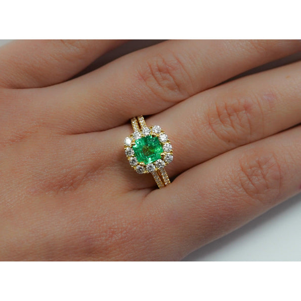 2.48 Carat TW Colombian Emerald & Diamond Halo Ring in 18K Gold 2-Row Setting
