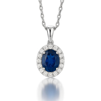 2.5 Carat Oval Cut Sapphire & Diamond Halo in 14K White Gold Pendant – Assay Jewelers