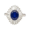 2,58 Karat Ovalschliff Blauer Saphir und Diamant-Halo Platin-Ballerina-Ring