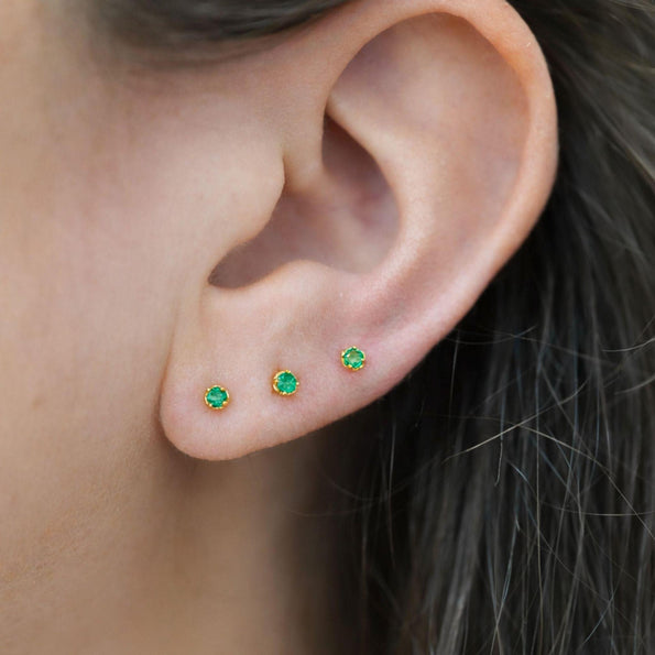 2.5mm Tiny Natural Emerald Round Stud Earrings 14K Gold Plated Silver