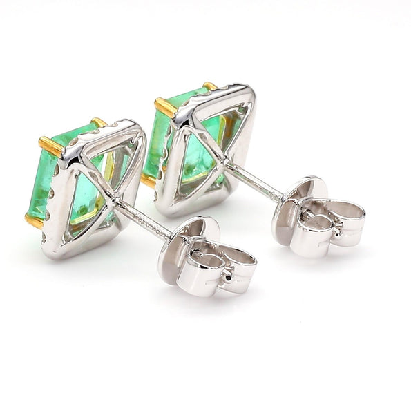 2.60 Carat Emerald Cut Emerald and Diamond Halo 18K Two Tone Gold Stud Earring