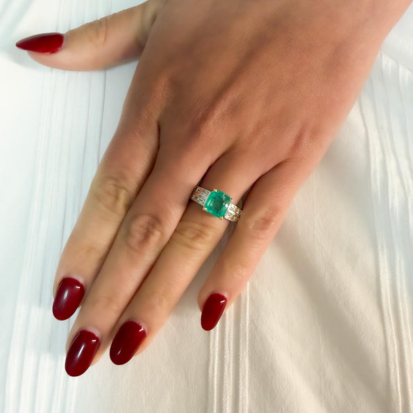 2.62 Carat Colombian Emerald Square and Diamond 14K White Gold Cocktail Ring