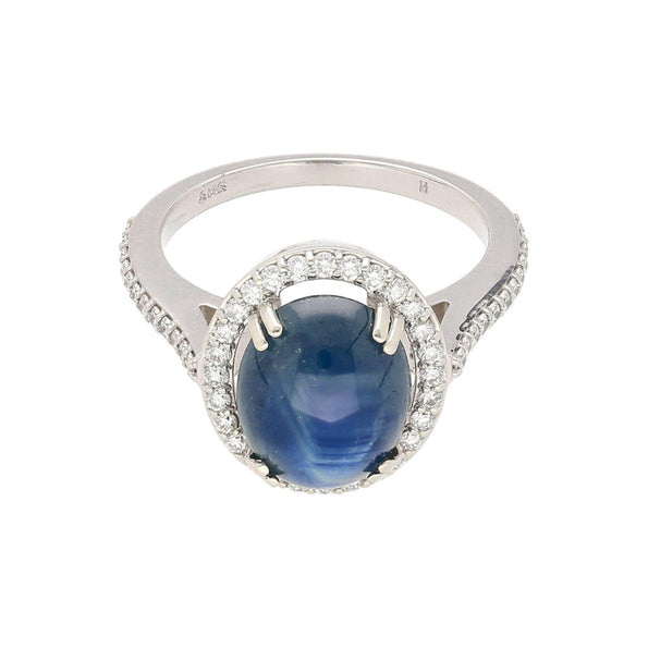 2.80 Carat Oval Cabochon Blue Star Sapphire and Diamond Halo Ring