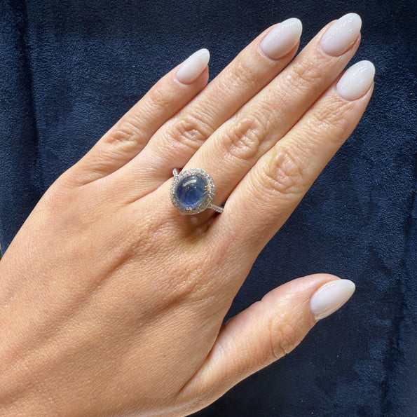 2.80 Carat Oval Cabochon Blue Star Sapphire and Diamond Halo Ring