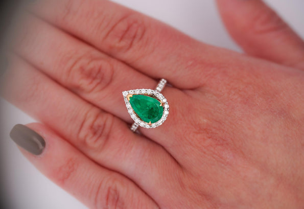2.89 Carat Pear Cut Green Emerald and Diamond Halo Ring in 18K Gold