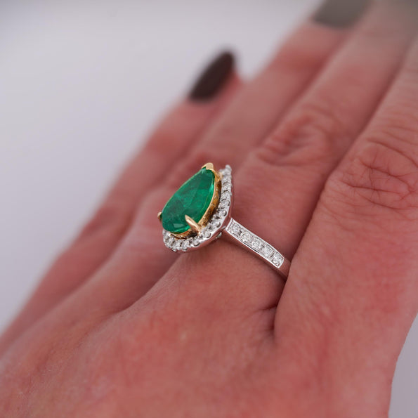 2.89 Carat Pear Cut Green Emerald and Diamond Halo Ring in 18K Gold