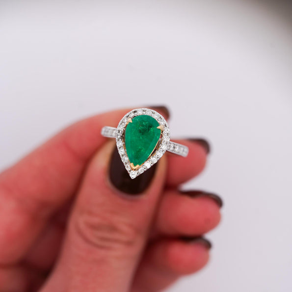 2.89 Carat Pear Cut Green Emerald and Diamond Halo Ring in 18K Gold