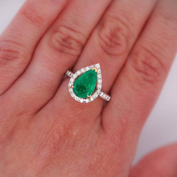 2.89 Carat Pear Cut Green Emerald and Diamond Halo Ring in 18K Gold