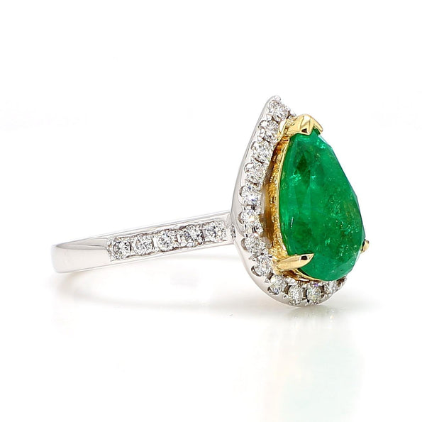 2.89 Carat Pear Cut Green Emerald and Diamond Halo Ring in 18K Gold