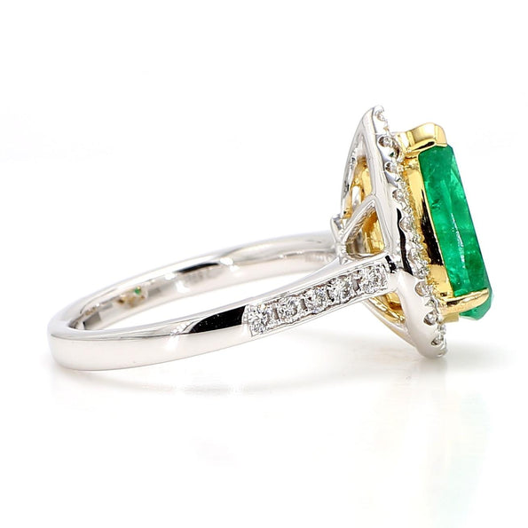 2.89 Carat Pear Cut Green Emerald and Diamond Halo Ring in 18K Gold