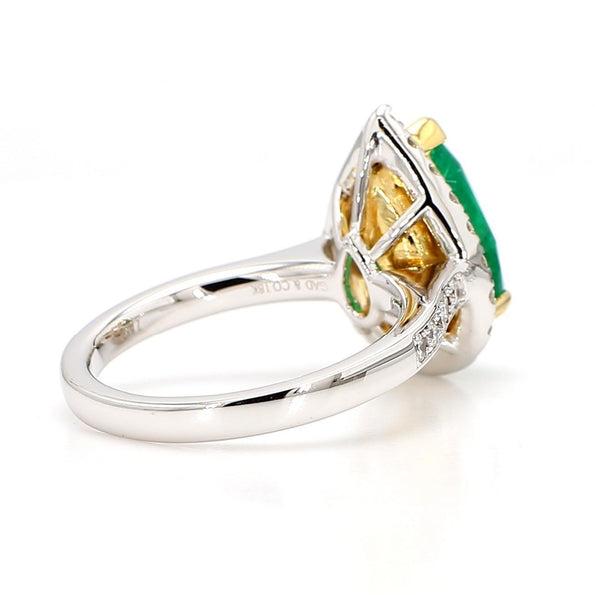 2.89 Carat Pear Cut Green Emerald and Diamond Halo Ring in 18K Gold