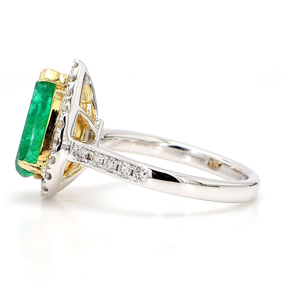 2.89 Carat Pear Cut Green Emerald and Diamond Halo Ring in 18K Gold