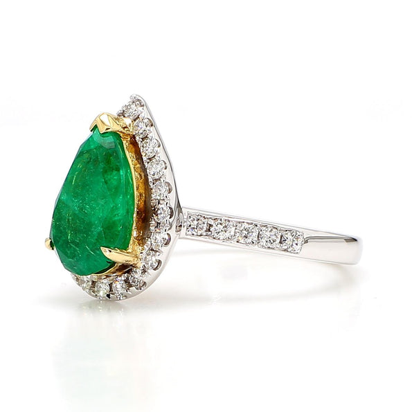 2.89 Carat Pear Cut Green Emerald and Diamond Halo Ring in 18K Gold