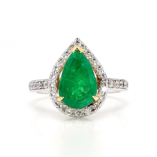 2.89 Carat Pear Cut Green Emerald and Diamond Halo Ring in 18K Gold