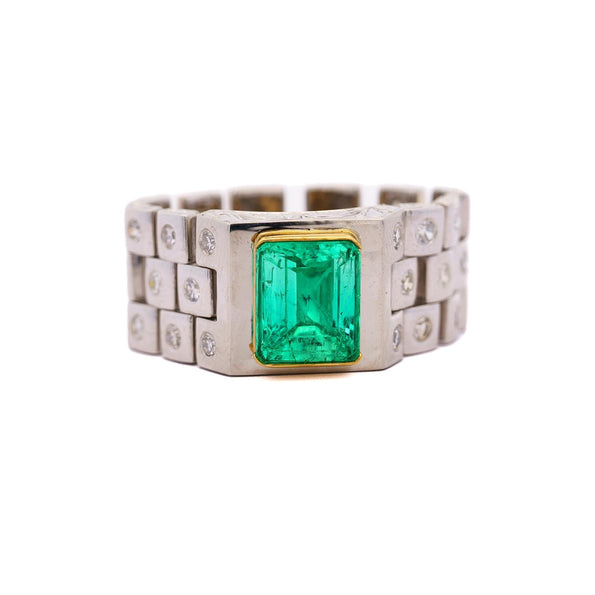 3 Carat Colombian Emerald Platinum Mens Link Ring