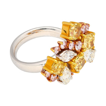 Ring cluster in platino e oro 18K con diamanti multi taglio rosa, gialli e bianchi da 3 carati – Assay Jewelers