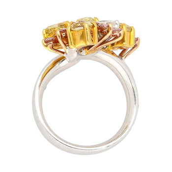Ring cluster in platino e oro 18K con diamanti multi taglio rosa, gialli e bianchi da 3 carati – Assay Jewelers