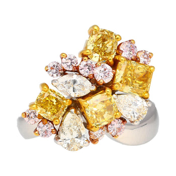 Ring cluster in platino e oro 18K con diamanti multi taglio rosa, gialli e bianchi da 3 carati – Assay Jewelers