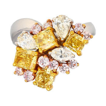 Ring cluster in platino e oro 18K con diamanti multi taglio rosa, gialli e bianchi da 3 carati – Assay Jewelers