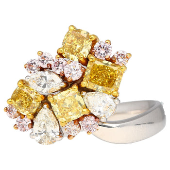 Ring cluster in platino e oro 18K con diamanti multi taglio rosa, gialli e bianchi da 3 carati – Assay Jewelers