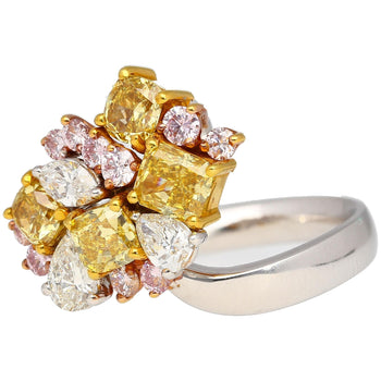 Ring cluster in platino e oro 18K con diamanti multi taglio rosa, gialli e bianchi da 3 carati – Assay Jewelers