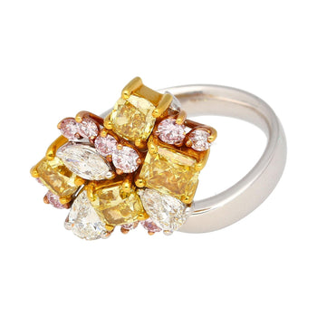 Ring cluster in platino e oro 18K con diamanti multi taglio rosa, gialli e bianchi da 3 carati – Assay Jewelers