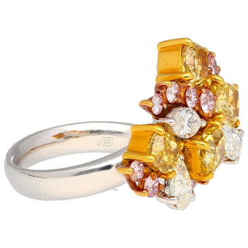 Ring cluster in platino e oro 18K con diamanti multi taglio rosa, gialli e bianchi da 3 carati – Assay Jewelers