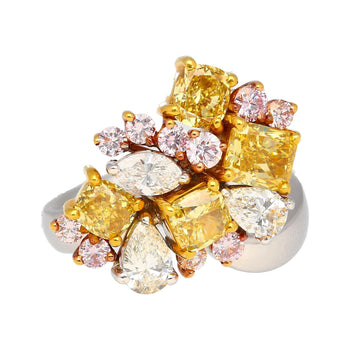 Ring cluster in platino e oro 18K con diamanti multi taglio rosa, gialli e bianchi da 3 carati – Assay Jewelers